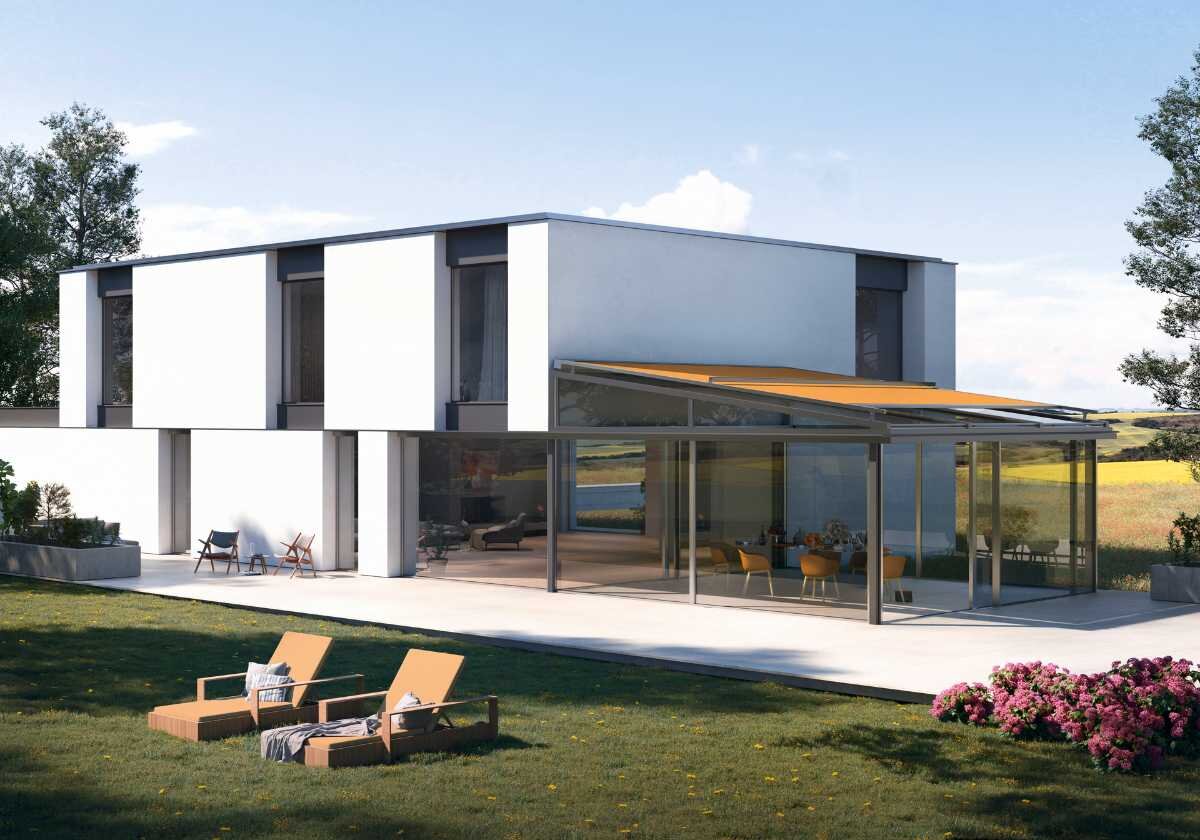 Wintergartenmarkise Aufglas Wintergarten mit orangener Wintergartenmarkise